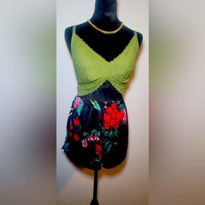 2piece satin set. Soft satin shorts paired with a lacy bralette.